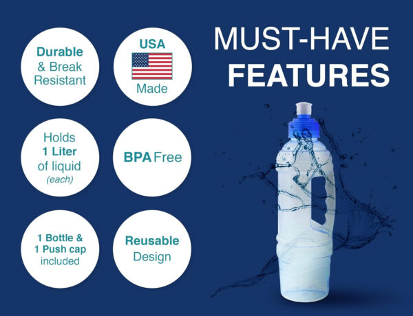 Arrow H2O On The Go Water Bottle, 1 Liter - Clear Plastic Water Bottle with Push Cap - Made in The USA, BPA Free - Built-in Convenient Handle, Leakproof - Ideal for The Gym and Sports Practice