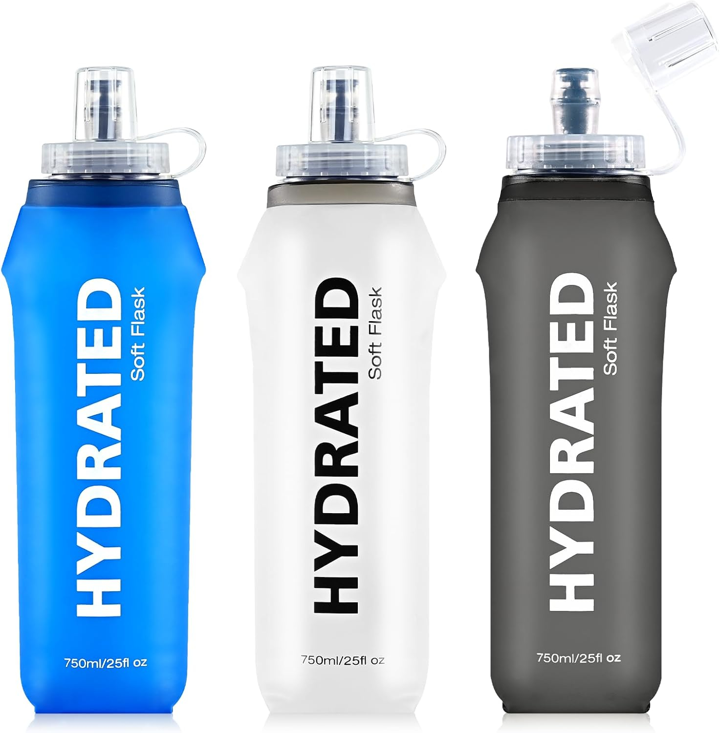 3 Pack Soft Water Bottle, 25oz/750ml Soft Flask Running Bottles for Hydration Pack, TPU Collapsible Running Bottle Reusable Handheld Running Flask for Running Hiking Cycling Climbing