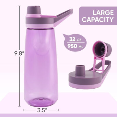 Kerilyn 32oz Clear Water Bottle, Reusable Sports Water Bottle with Handle, Spill-Proof, Leak-Proof Water Bottle for Gym, Hiking, Travel, Black