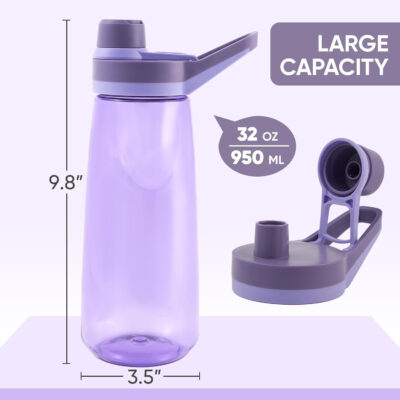 Kerilyn 32oz Clear Water Bottle, Reusable Sports Water Bottle with Handle, Spill-Proof, Leak-Proof Water Bottle for Gym, Hiking, Travel, Black