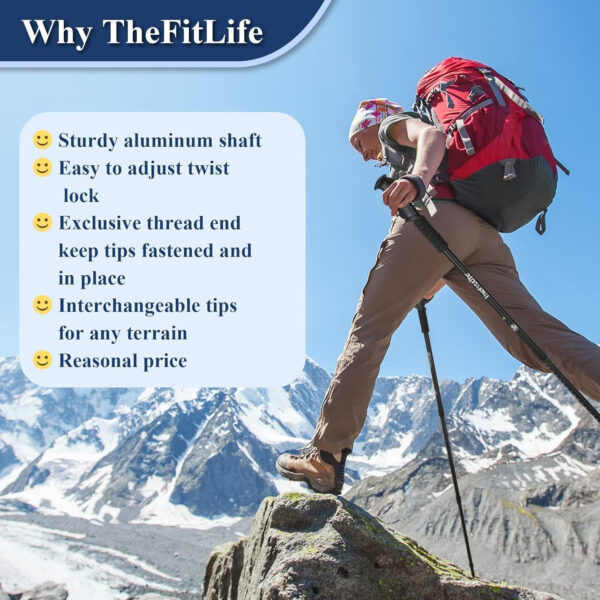 689ad5003c868978a63e8645f66b0562ea340f9ffa272d91353ad.jpg TheFitLife Nordic Walking Trekking Poles - 2 Sticks with Anti-Shock and Quick Lock System, Telescopic, Collapsible, Ultralight for Hiking, Camping, Mountaining, Backpacking, Walking, Trekking
