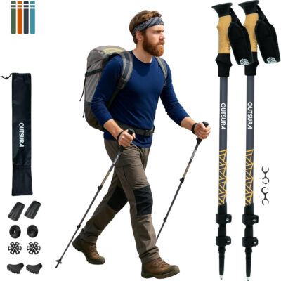 Outsura Trekking Poles for Hiking - Lightweight Collapsible Aircraft-Grade Aluminum Hiking Poles with Cork Grip & Quick Lock - Pair of 2 Walking Sticks with All Terrain Accessories