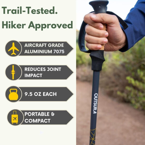 Outsura Trekking Poles for Hiking - Lightweight Collapsible Aircraft-Grade Aluminum Hiking Poles with Cork Grip & Quick Lock - Pair of 2 Walking Sticks with All Terrain Accessories