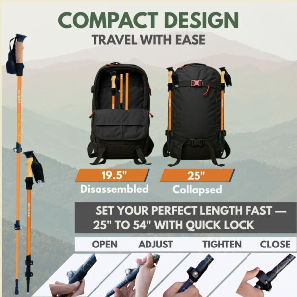 Outsura Trekking Poles for Hiking - Lightweight Collapsible Aircraft-Grade Aluminum Hiking Poles with Cork Grip & Quick Lock - Pair of 2 Walking Sticks with All Terrain Accessories