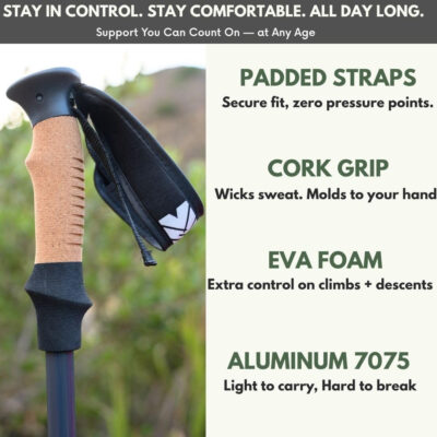 Outsura Trekking Poles for Hiking - Lightweight Collapsible Aircraft-Grade Aluminum Hiking Poles with Cork Grip & Quick Lock - Pair of 2 Walking Sticks with All Terrain Accessories