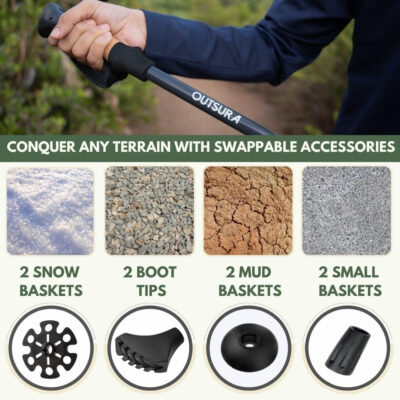 Outsura Trekking Poles for Hiking - Lightweight Collapsible Aircraft-Grade Aluminum Hiking Poles with Cork Grip & Quick Lock - Pair of 2 Walking Sticks with All Terrain Accessories