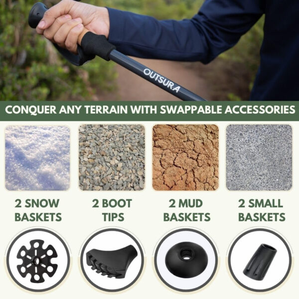 Outsura Trekking Poles for Hiking - Lightweight Collapsible Aircraft-Grade Aluminum Hiking Poles with Cork Grip & Quick Lock - Pair of 2 Walking Sticks with All Terrain Accessories