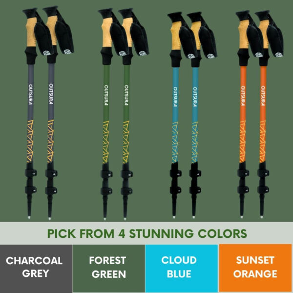 Outsura Trekking Poles for Hiking - Lightweight Collapsible Aircraft-Grade Aluminum Hiking Poles with Cork Grip & Quick Lock - Pair of 2 Walking Sticks with All Terrain Accessories