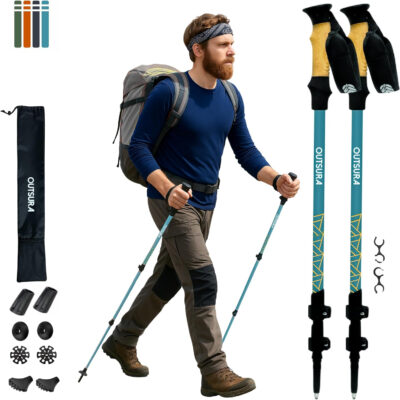 Outsura Trekking Poles for Hiking - Lightweight Collapsible Aircraft-Grade Aluminum Hiking Poles with Cork Grip & Quick Lock - Pair of 2 Walking Sticks with All Terrain Accessories