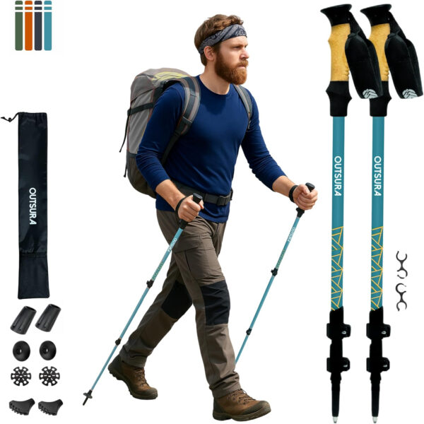 Outsura Trekking Poles for Hiking - Lightweight Collapsible Aircraft-Grade Aluminum Hiking Poles with Cork Grip & Quick Lock - Pair of 2 Walking Sticks with All Terrain Accessories