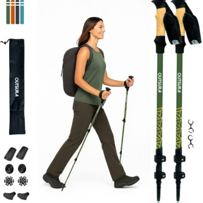 Outsura Trekking Poles for Hiking - Lightweight Collapsible Aircraft-Grade Aluminum Hiking Poles with Cork Grip & Quick Lock - Pair of 2 Walking Sticks with All Terrain Accessories