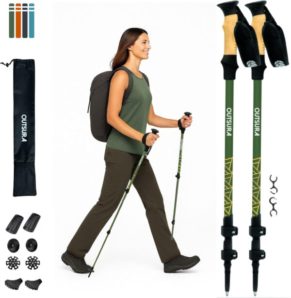 Outsura Trekking Poles for Hiking - Lightweight Collapsible Aircraft-Grade Aluminum Hiking Poles with Cork Grip & Quick Lock - Pair of 2 Walking Sticks with All Terrain Accessories