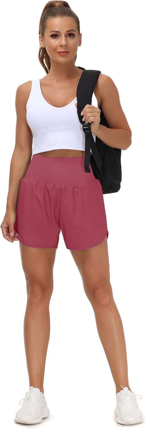 THE GYM PEOPLE Women’s High Waist Running Shorts with Liner Athletic Hiking Workout Shorts Zip Pockets