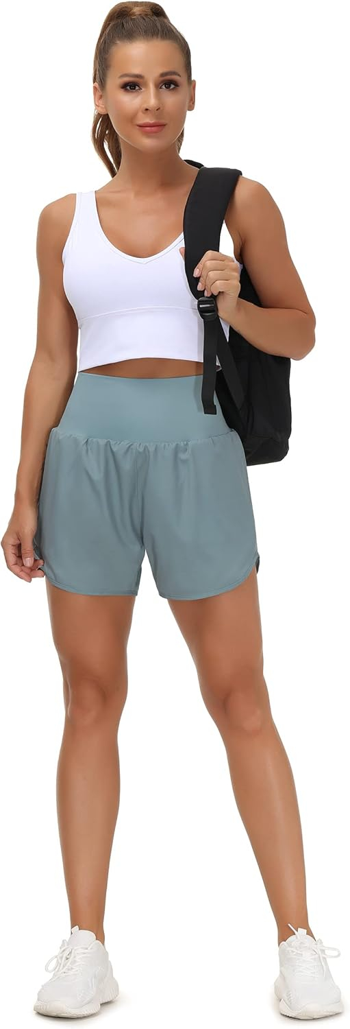 THE GYM PEOPLE Women’s High Waist Running Shorts with Liner Athletic Hiking Workout Shorts Zip Pockets