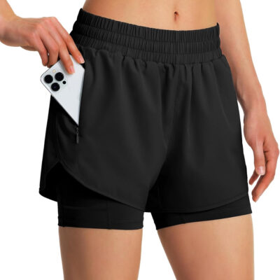 Ksmien Women's 2 in 1 Running Shorts Quick Dry Athletic Gym Workout Shorts with Liner Phone Pockets