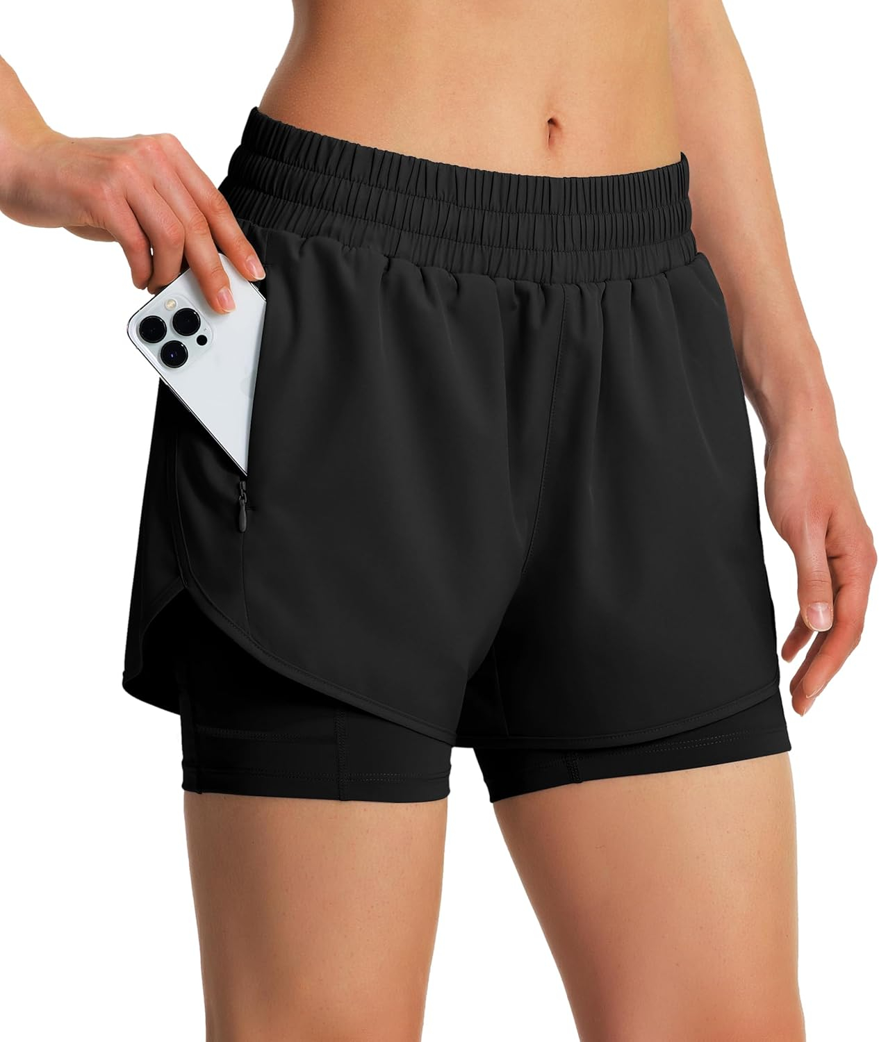 Ksmien Women's 2 in 1 Running Shorts Quick Dry Athletic Gym Workout Shorts with Liner Phone Pockets