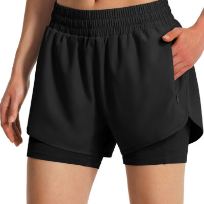Ksmien Women's 2 in 1 Running Shorts Quick Dry Athletic Gym Workout Shorts with Liner Phone Pockets