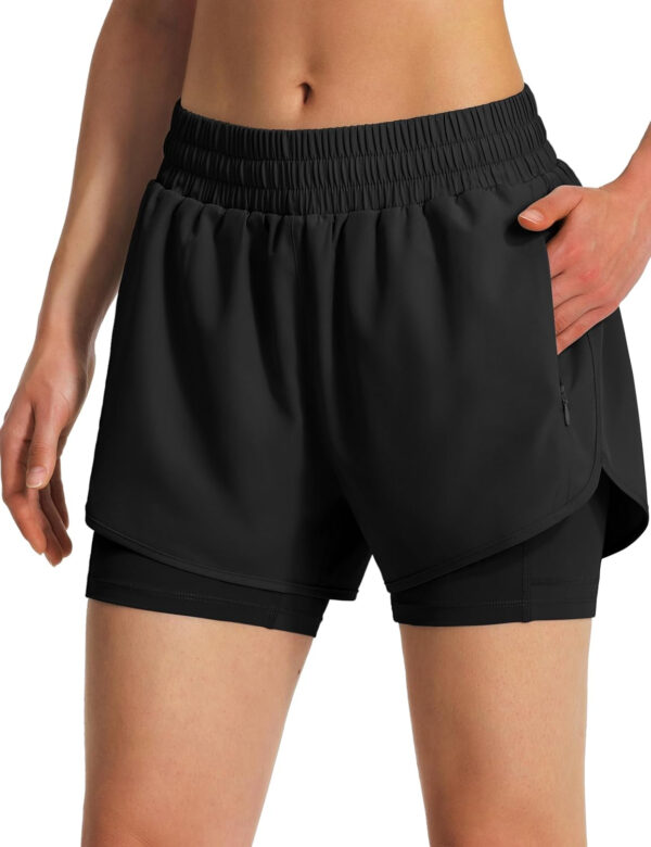 Ksmien Women's 2 in 1 Running Shorts Quick Dry Athletic Gym Workout Shorts with Liner Phone Pockets