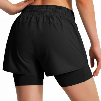Ksmien Women's 2 in 1 Running Shorts Quick Dry Athletic Gym Workout Shorts with Liner Phone Pockets