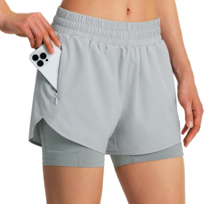 Ksmien Women's 2 in 1 Running Shorts Quick Dry Athletic Gym Workout Shorts with Liner Phone Pockets