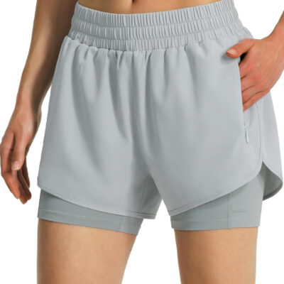 Ksmien Women's 2 in 1 Running Shorts Quick Dry Athletic Gym Workout Shorts with Liner Phone Pockets