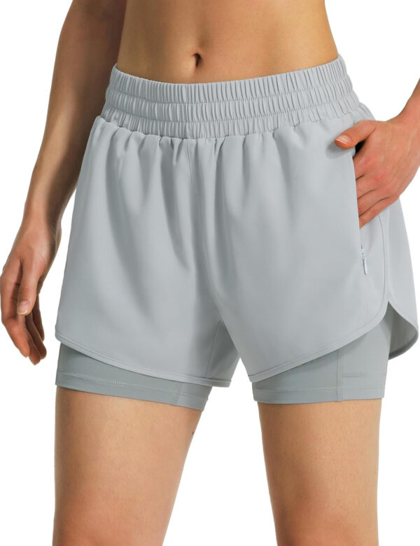 Ksmien Women's 2 in 1 Running Shorts Quick Dry Athletic Gym Workout Shorts with Liner Phone Pockets