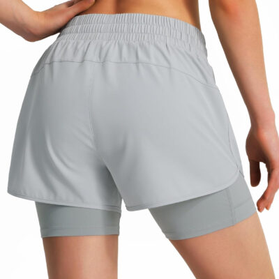 Ksmien Women's 2 in 1 Running Shorts Quick Dry Athletic Gym Workout Shorts with Liner Phone Pockets