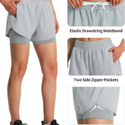 Ksmien Women's 2 in 1 Running Shorts Quick Dry Athletic Gym Workout Shorts with Liner Phone Pockets