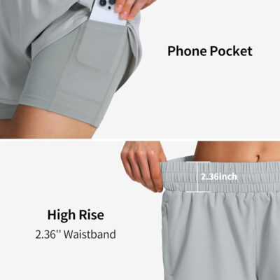 Ksmien Women's 2 in 1 Running Shorts Quick Dry Athletic Gym Workout Shorts with Liner Phone Pockets