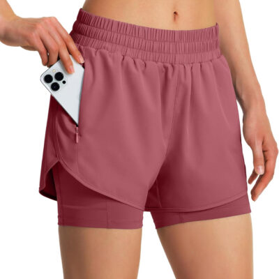 Ksmien Women's 2 in 1 Running Shorts Quick Dry Athletic Gym Workout Shorts with Liner Phone Pockets