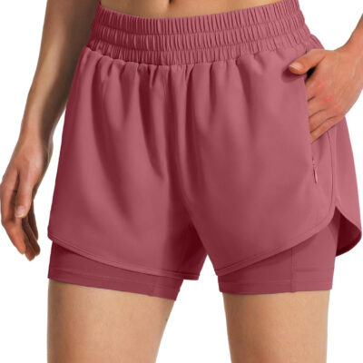 Ksmien Women's 2 in 1 Running Shorts Quick Dry Athletic Gym Workout Shorts with Liner Phone Pockets