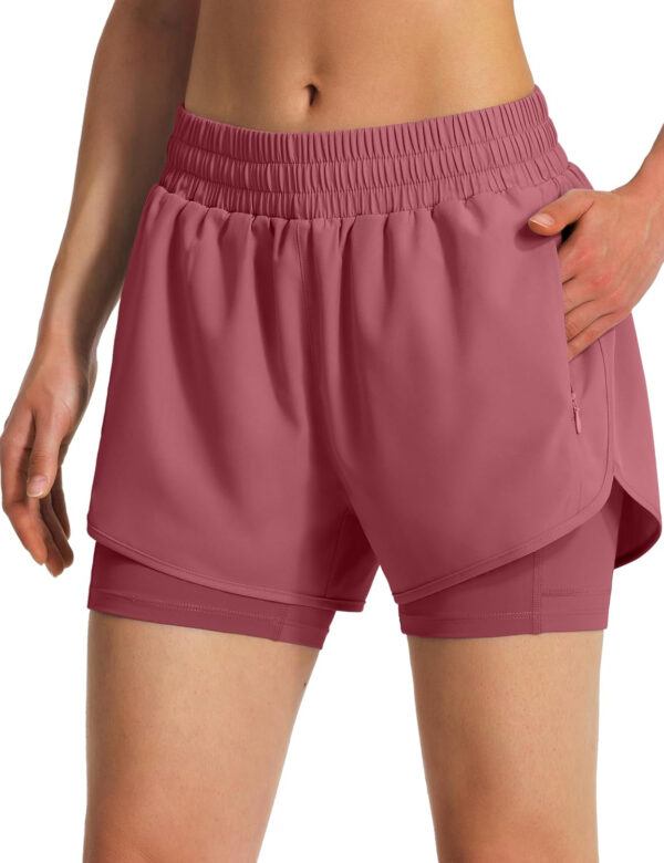 Ksmien Women's 2 in 1 Running Shorts Quick Dry Athletic Gym Workout Shorts with Liner Phone Pockets