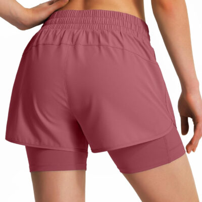 Ksmien Women's 2 in 1 Running Shorts Quick Dry Athletic Gym Workout Shorts with Liner Phone Pockets