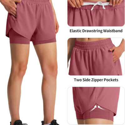 Ksmien Women's 2 in 1 Running Shorts Quick Dry Athletic Gym Workout Shorts with Liner Phone Pockets