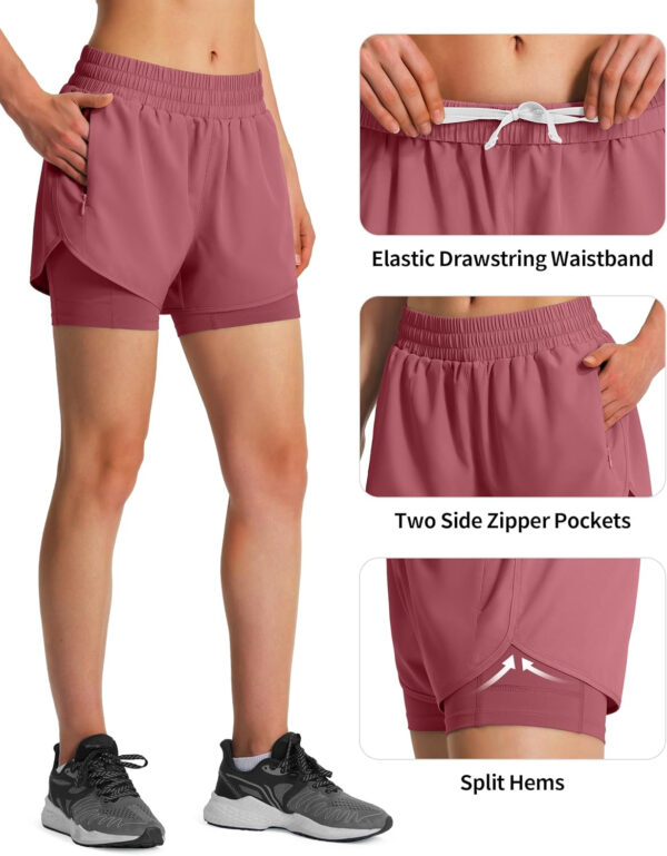 Ksmien Women's 2 in 1 Running Shorts Quick Dry Athletic Gym Workout Shorts with Liner Phone Pockets