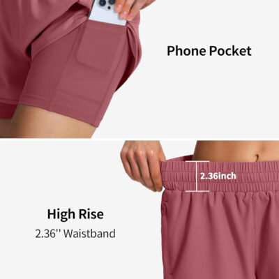 Ksmien Women's 2 in 1 Running Shorts Quick Dry Athletic Gym Workout Shorts with Liner Phone Pockets