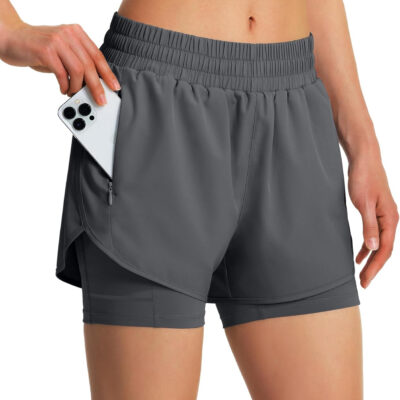 Ksmien Women's 2 in 1 Running Shorts Quick Dry Athletic Gym Workout Shorts with Liner Phone Pockets