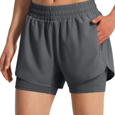 Ksmien Women's 2 in 1 Running Shorts Quick Dry Athletic Gym Workout Shorts with Liner Phone Pockets