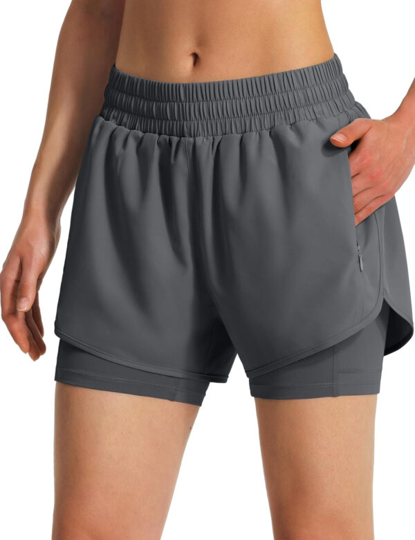 Ksmien Women's 2 in 1 Running Shorts Quick Dry Athletic Gym Workout Shorts with Liner Phone Pockets