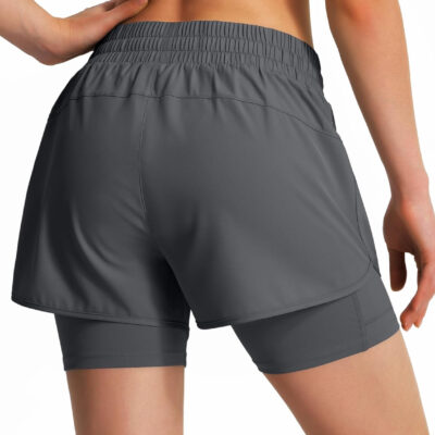 Ksmien Women's 2 in 1 Running Shorts Quick Dry Athletic Gym Workout Shorts with Liner Phone Pockets