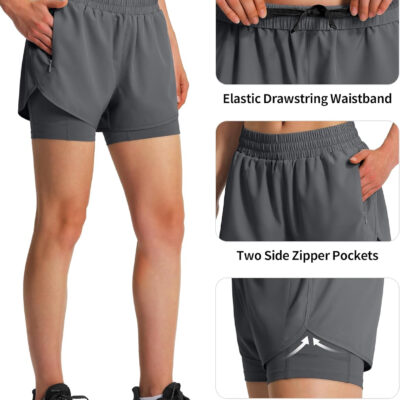 Ksmien Women's 2 in 1 Running Shorts Quick Dry Athletic Gym Workout Shorts with Liner Phone Pockets