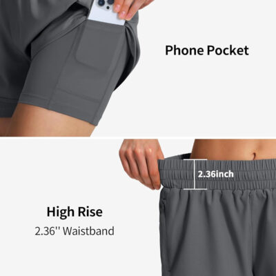 Ksmien Women's 2 in 1 Running Shorts Quick Dry Athletic Gym Workout Shorts with Liner Phone Pockets