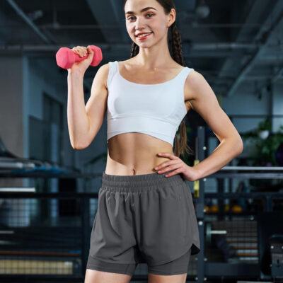 Ksmien Women's 2 in 1 Running Shorts Quick Dry Athletic Gym Workout Shorts with Liner Phone Pockets