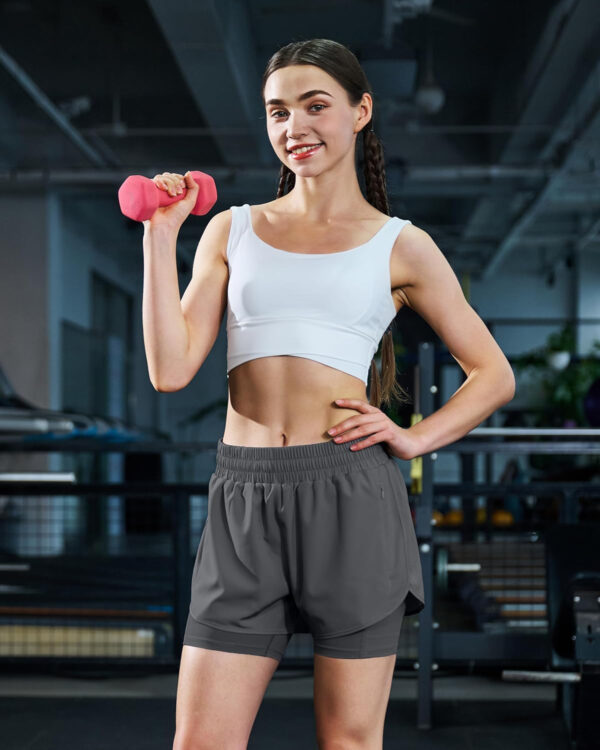 Ksmien Women's 2 in 1 Running Shorts Quick Dry Athletic Gym Workout Shorts with Liner Phone Pockets