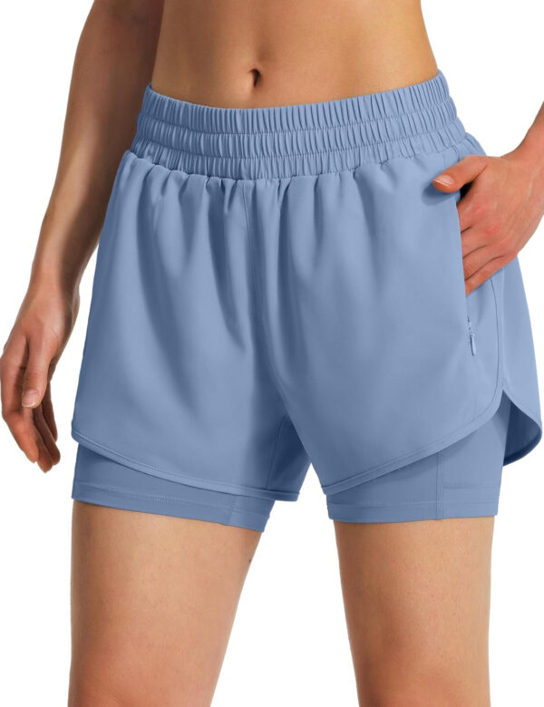 Ksmien Women's 2 in 1 Running Shorts Quick Dry Athletic Gym Workout Shorts with Liner Phone Pockets