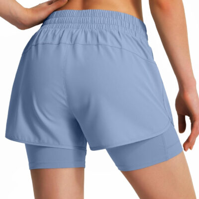 Ksmien Women's 2 in 1 Running Shorts Quick Dry Athletic Gym Workout Shorts with Liner Phone Pockets