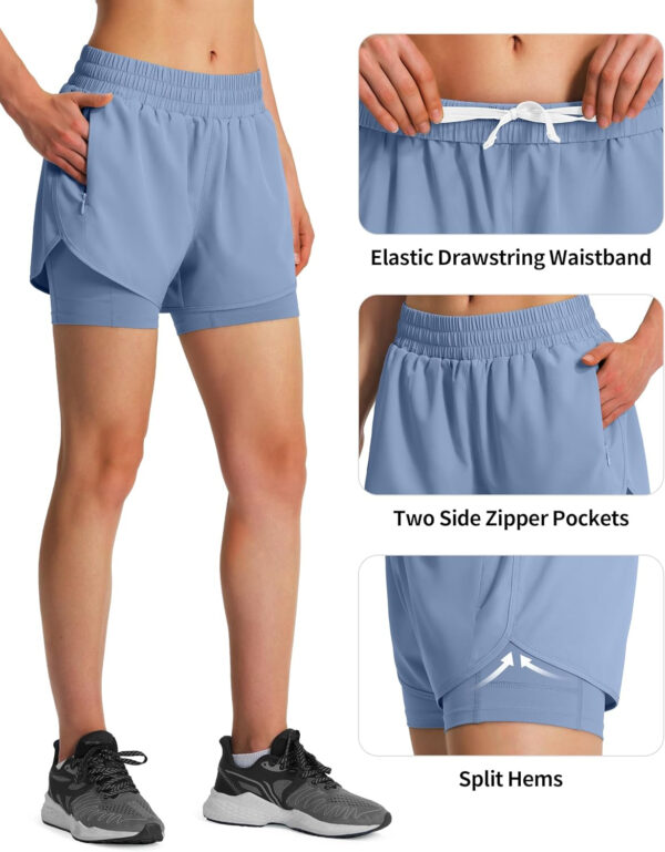 Ksmien Women's 2 in 1 Running Shorts Quick Dry Athletic Gym Workout Shorts with Liner Phone Pockets