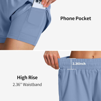 Ksmien Women's 2 in 1 Running Shorts Quick Dry Athletic Gym Workout Shorts with Liner Phone Pockets