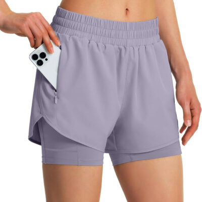 Ksmien Women's 2 in 1 Running Shorts Quick Dry Athletic Gym Workout Shorts with Liner Phone Pockets