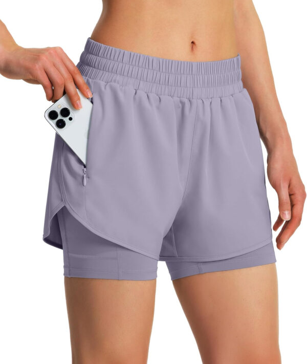 Ksmien Women's 2 in 1 Running Shorts Quick Dry Athletic Gym Workout Shorts with Liner Phone Pockets